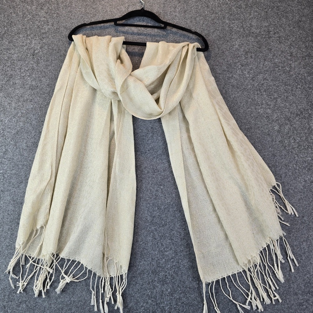 Scarf Shawl Womens Ivory Cream Metallic Shimmer Woven Long Fringe Tassel Wrap